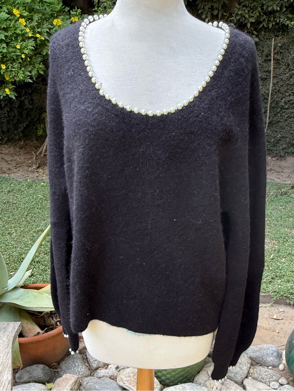 & Other Stories Black Scoop Neck Sweater with Pearl Trim